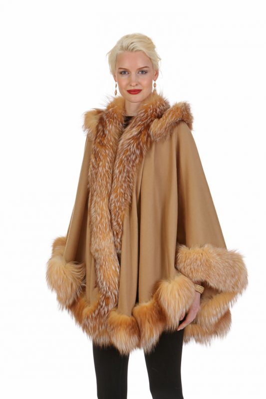 cashmere cape-camel-crystal fox trim
