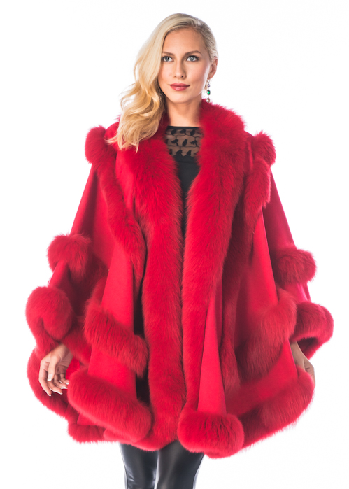 cashmere cape-red fox fur trim