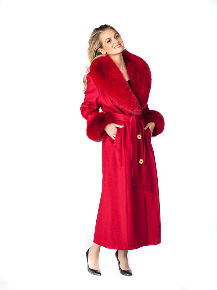 pure cashmere coat womens-red fox trim-red cashmere coat
