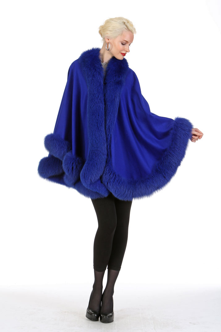 royal-blue-cashmere-cape with fur trim