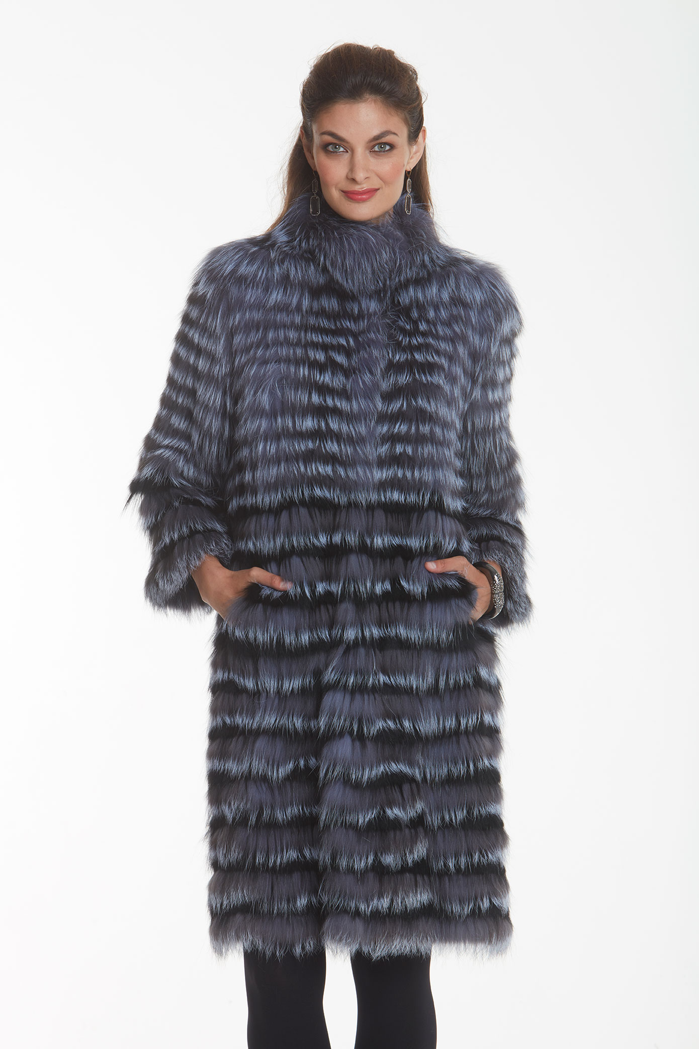 Ladies fur coat in silver fox fur and black fox fur stripes