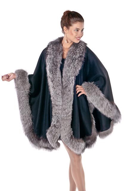 genuine fox fur trim cape-silver-majestic