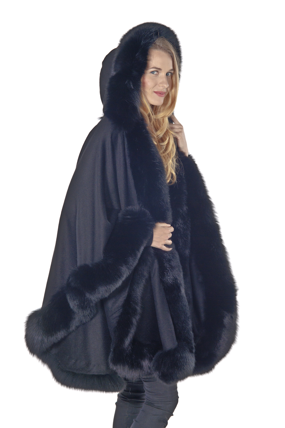Black Plus Size Cashmere Cape – Detachable Hood – Madison Avenue Mall Furs