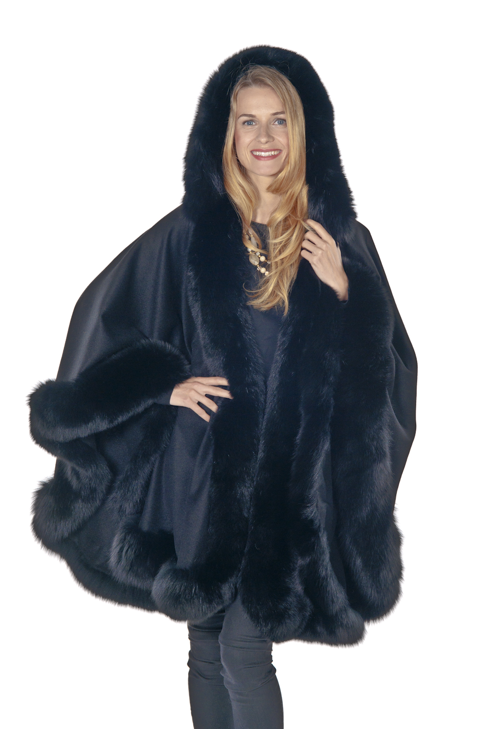 cashmere genuine fox fur trim cape-black-plus size