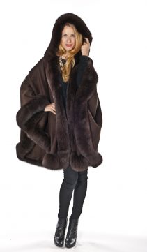 fur trimmed hooded cape-brown-detachable hooded