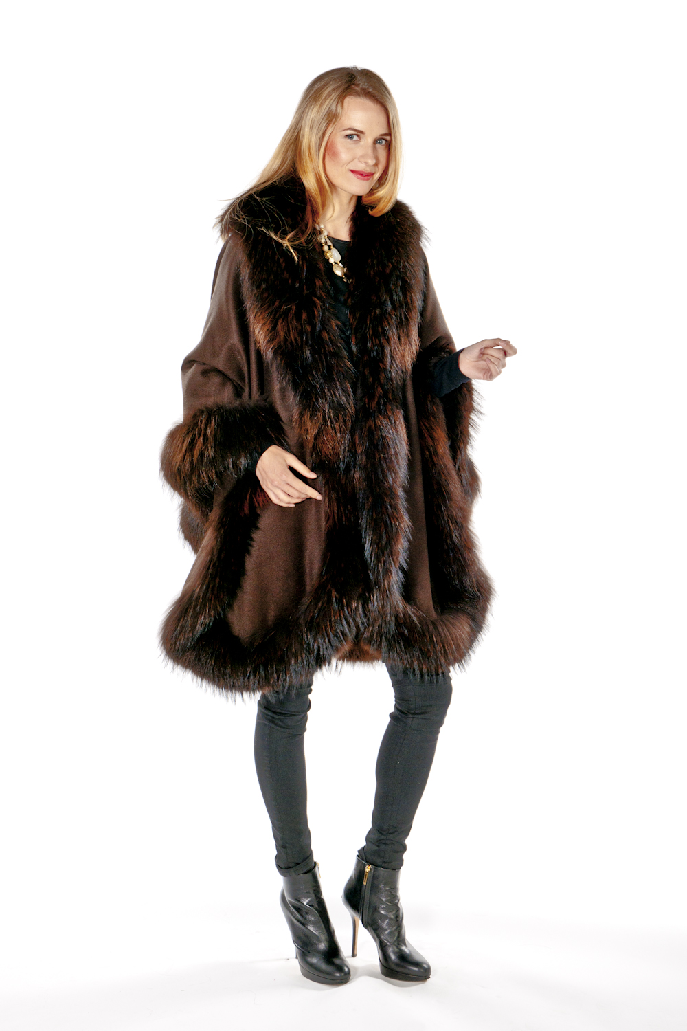 cape with fur trim-finn raccoon trim plus size