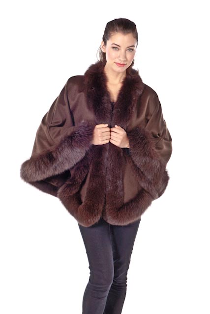 Brown Cashmere Cape – Fox Trim Princess Style – Madison Avenue Mall Furs