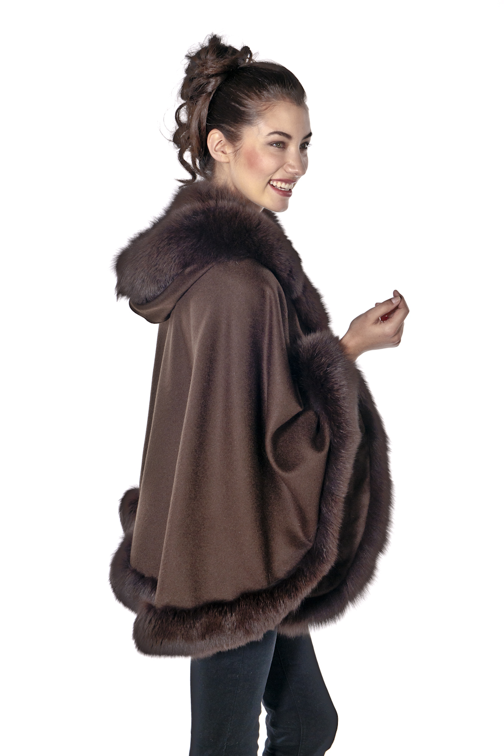 Brown Cashmere Short Hooded Cape Fox 