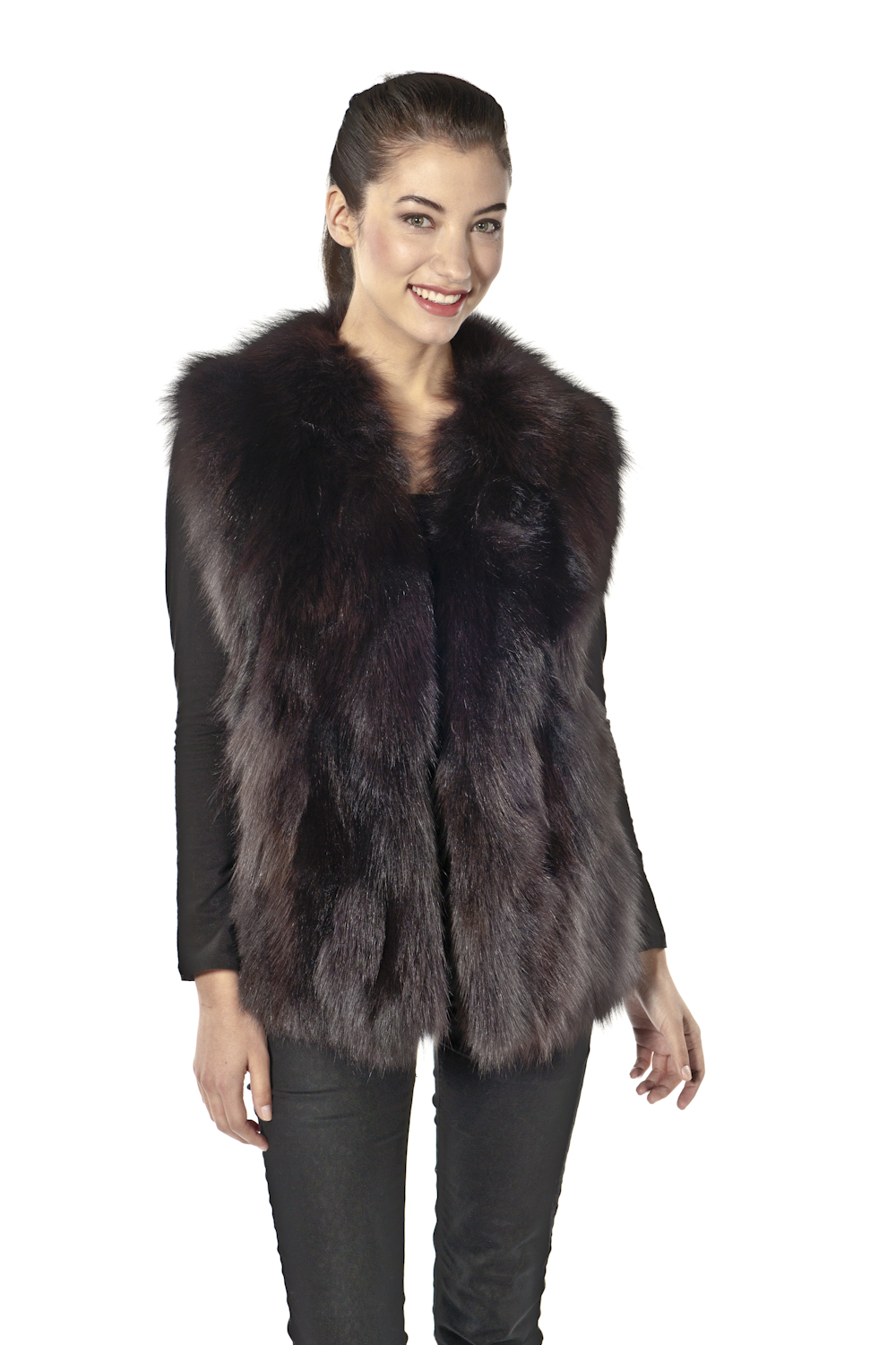 fox vest-fox fur vest-natural fur vest v neck style-brown fox fur