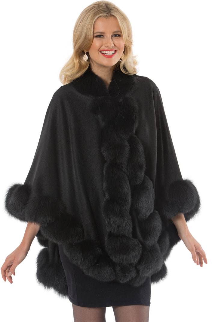 real cashmere cape women-black fox trim-marquessa
