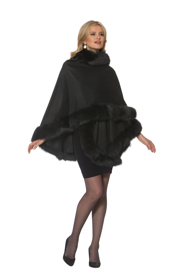 cashmere fur-trim cape-black cashmere cape