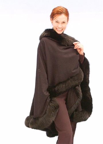 cashmere fur cape-fox trim-dark brown