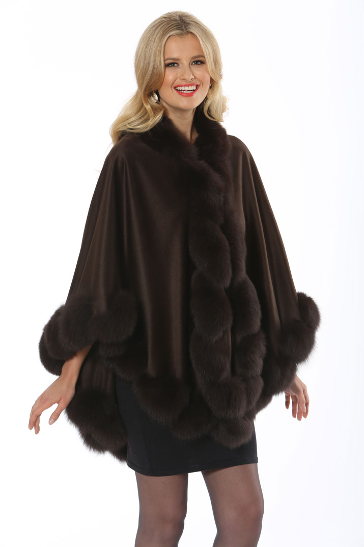 Cashmere Cape – Dark Brown Fox Trim – Marquessa – Madison Avenue Mall Furs