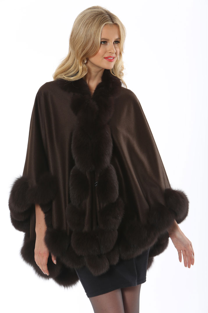 original cashmere cape with fox trim-dark brown-marquessa