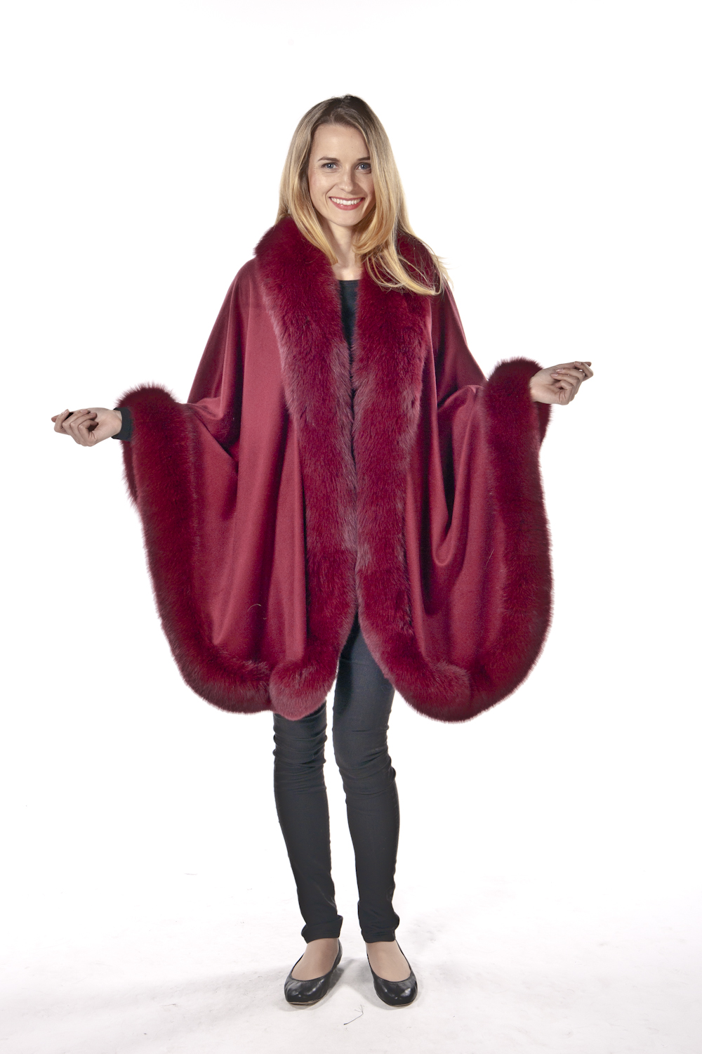 real fur cashmere cape fox trim-burgundy wine-majestic