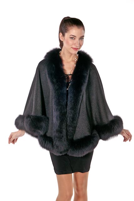 cashmere cape with fox fur trim-dark grey princess style