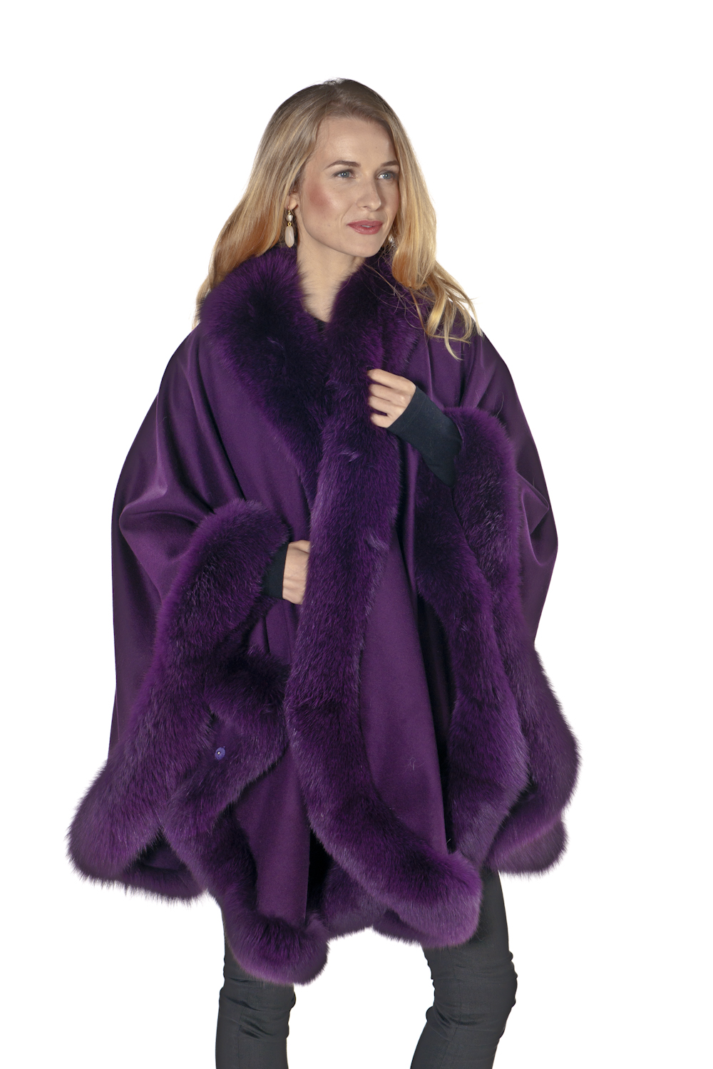genuine fox fur trim cashmere cape