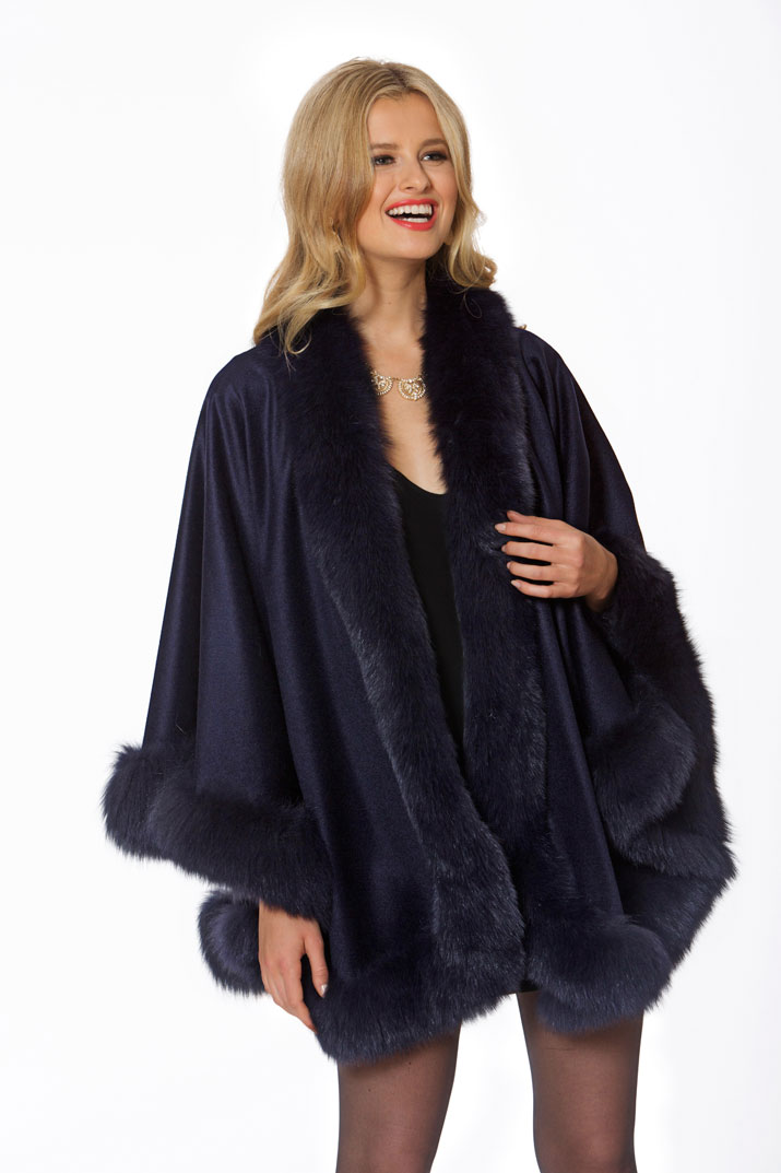 genuine fox fur trim cashmere cape