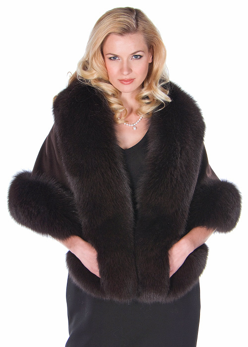 genuine fur cape-dark brown cashmere stole-fox trimmed