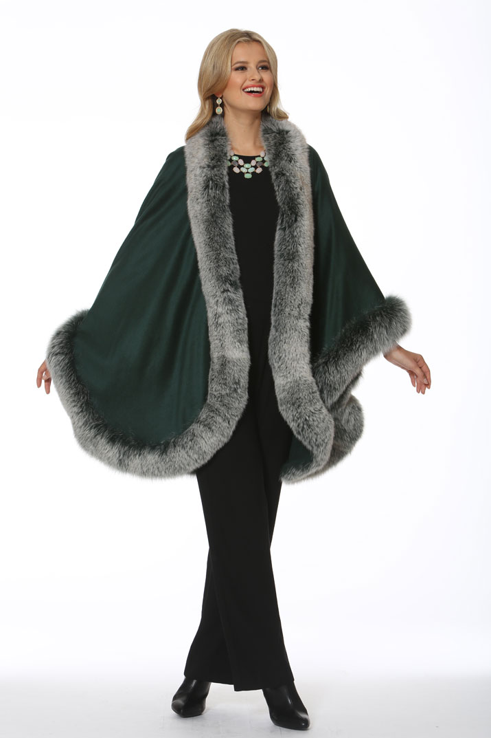 Cashmere Cape – Green Fox Trim – Madison Avenue Mall Furs