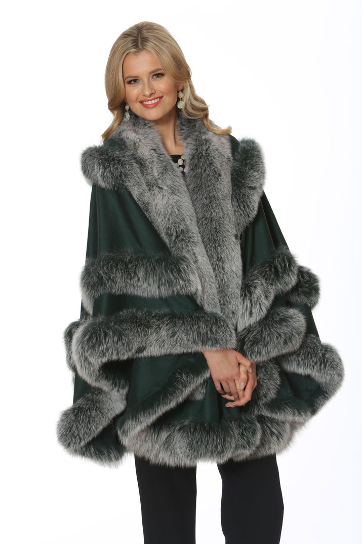 cashmere cape with real fox trim-frost-empress style