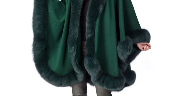 Forest Green Cashmere Short Hooded Cape Fox Trim