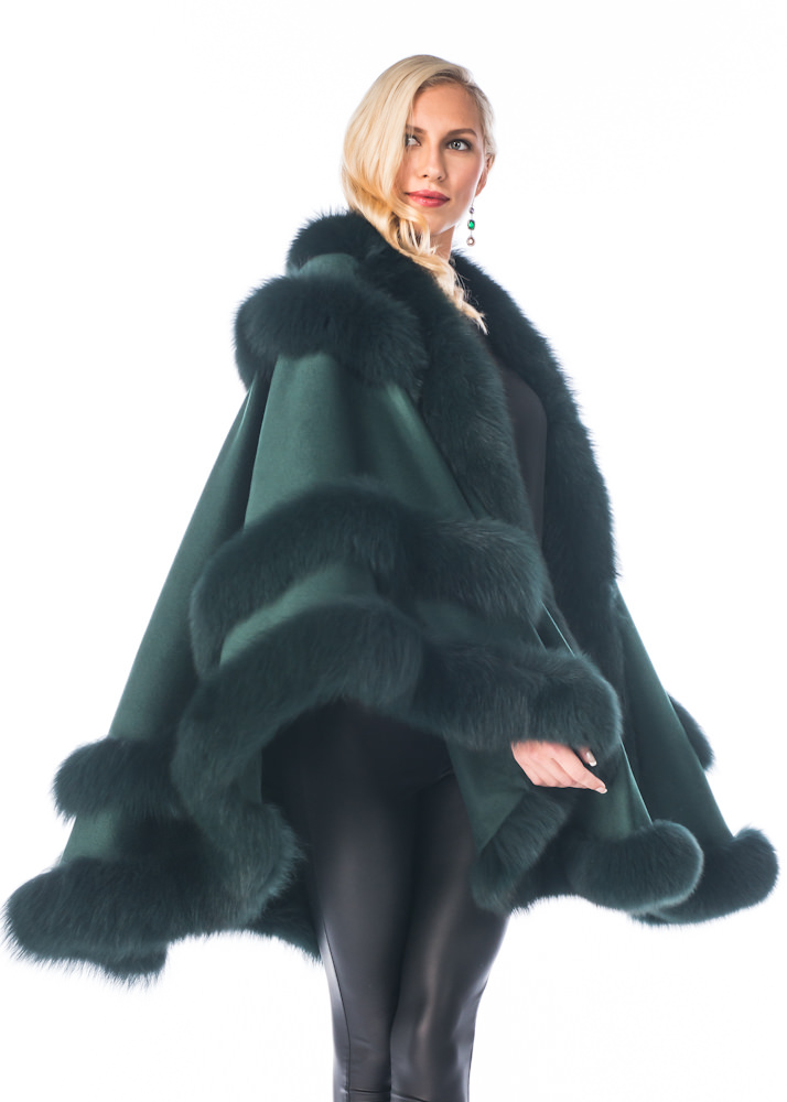 cashmere cape with fox fur trim-forest green