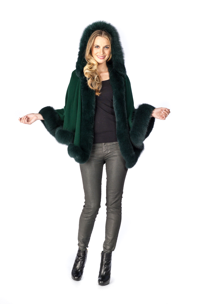 cashmere cape-fox trim-forest green short hooded