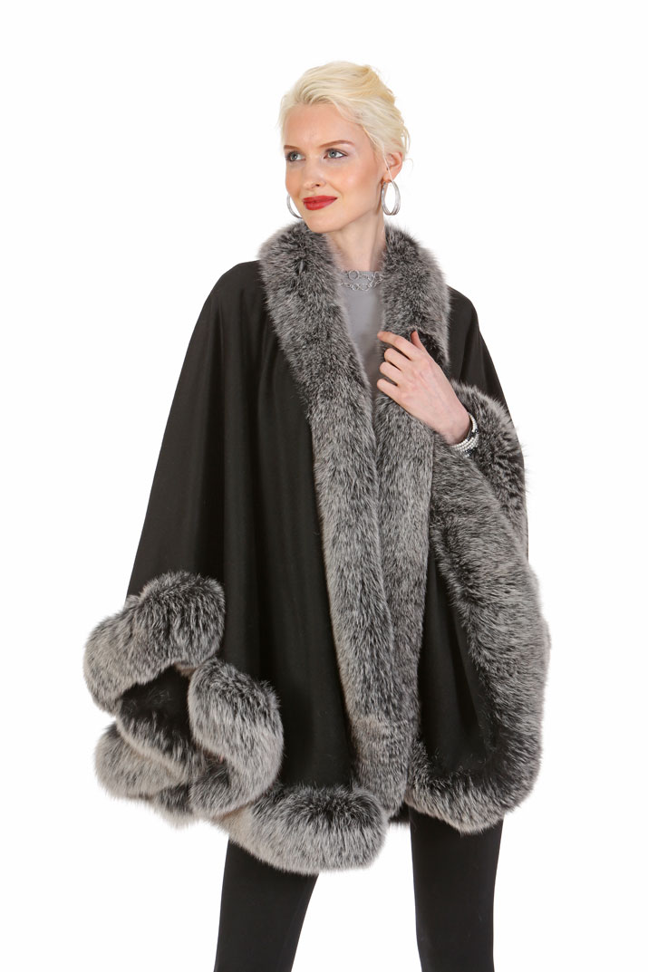 Black Cashmere Cape – Frost Fox Trimmed – 30 – Madison Avenue Mall Furs