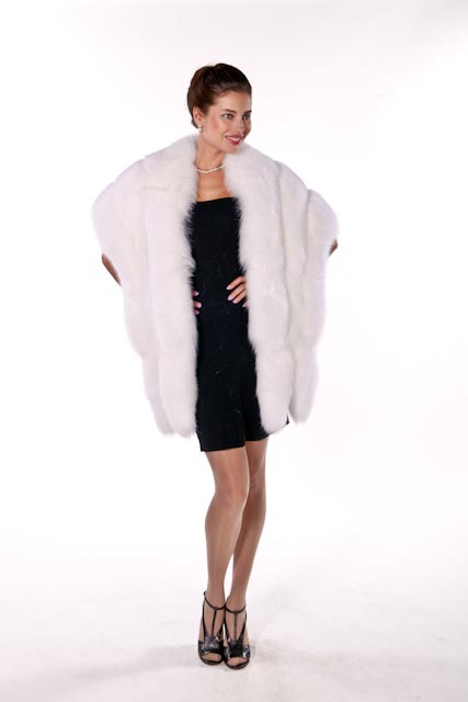 fur cape-natural white fox fur wrap-real fox trim-double fox trim