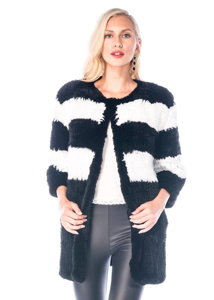 Fur Sweater – Black & White Knitted Rex Cardigan – Madison Avenue Mall Furs