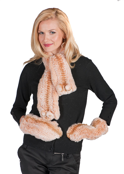 natural fur scarf and glove-real knitted fur scarf and muffler set-apricot-beige
