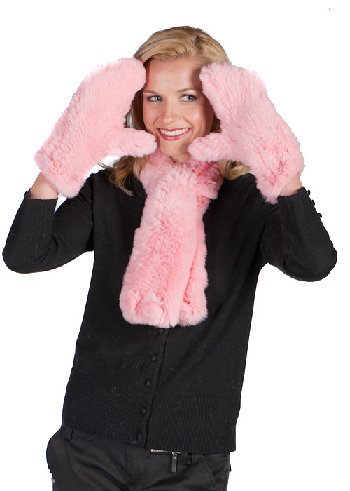 real knitted pink fur scarf and glove set-petunia
