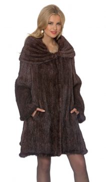 knitted mink fur coat with fur collar-large cape-mahogany mink coat