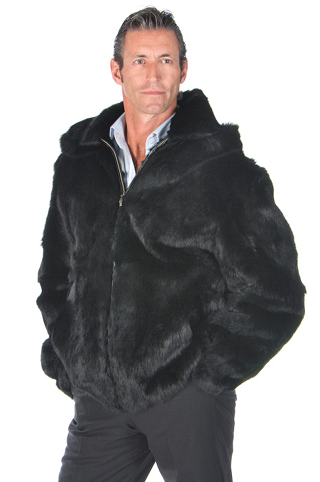 natural rabbit fur jacket for men-zippered-bomber-detachable hood