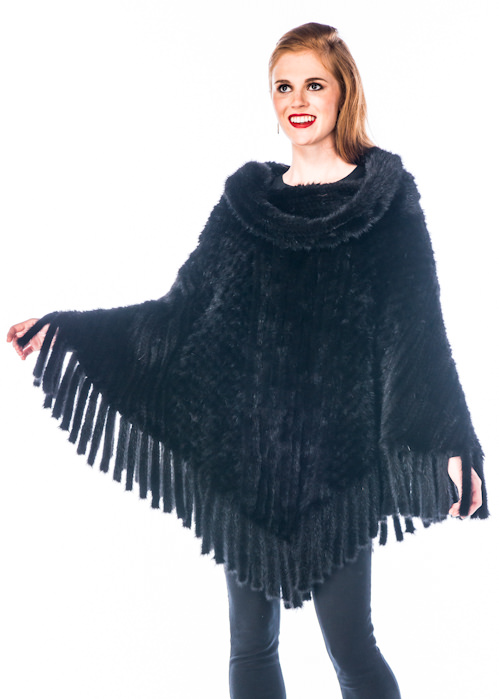 Mink Poncho Cape – Black Knitted Roll Collar – Madison Avenue Mall Furs