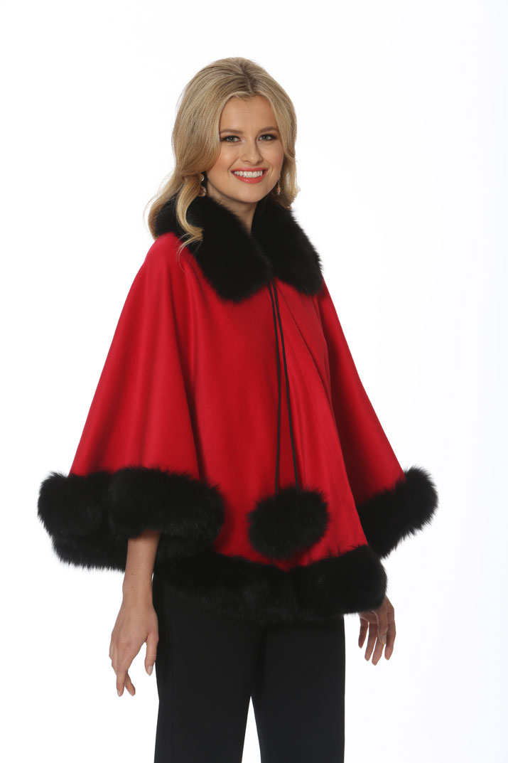 red cashmere cape-black fox trim