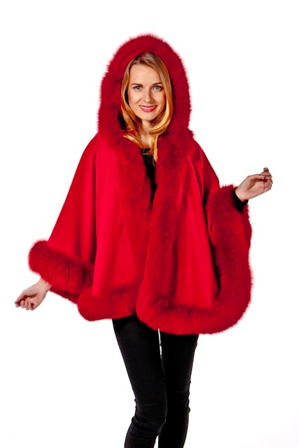fur cape with hood-red fox fur coat