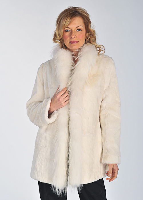 White Rabbit Fur Jacket with Fox Collar - Size S