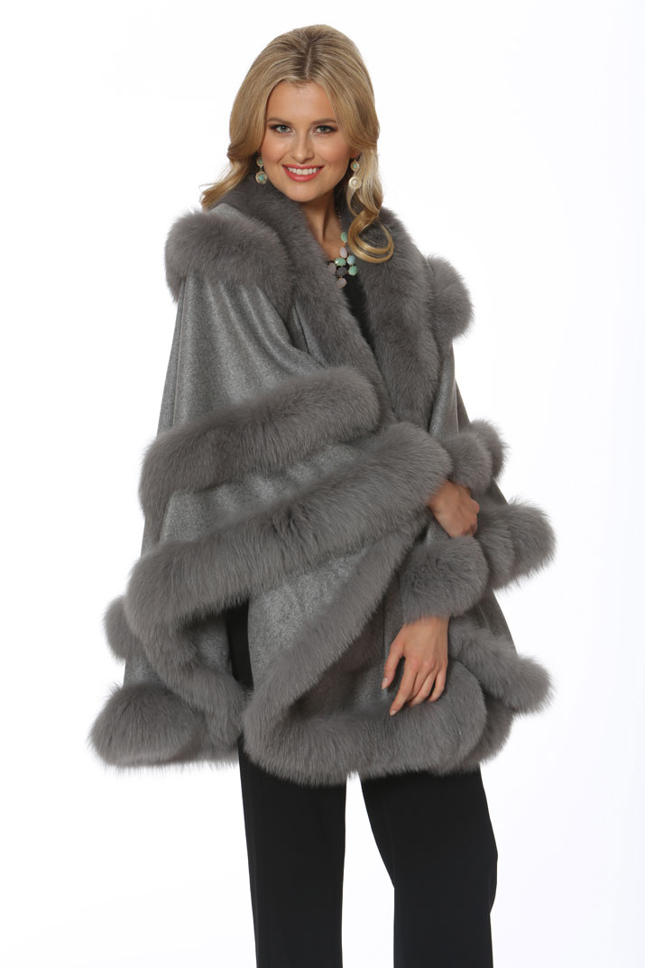 cashmere cape with fox trim-soft grey-empress style