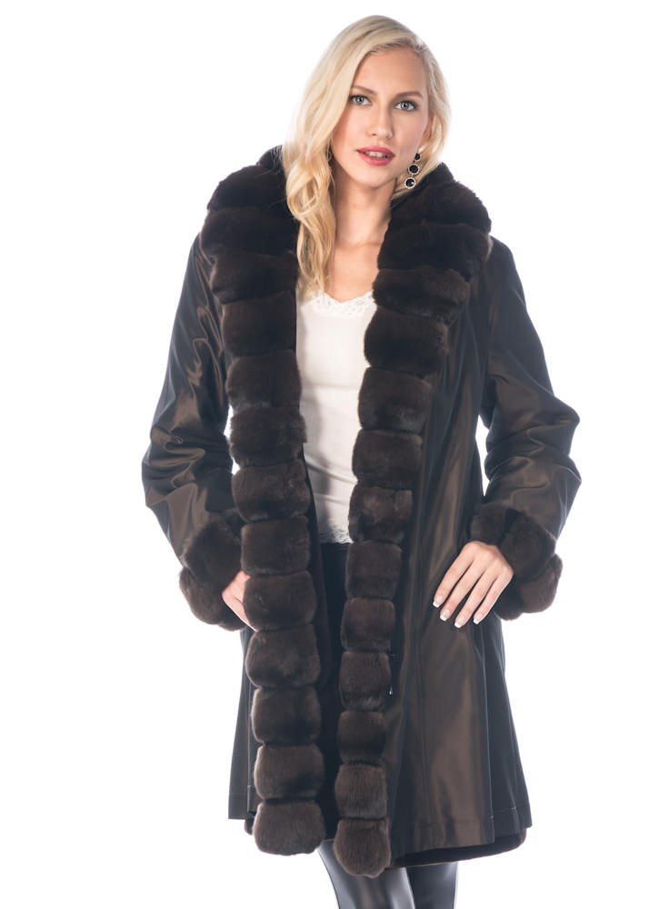 reversible sheared mink fur jacket-chinchilla trim 3/4 coat