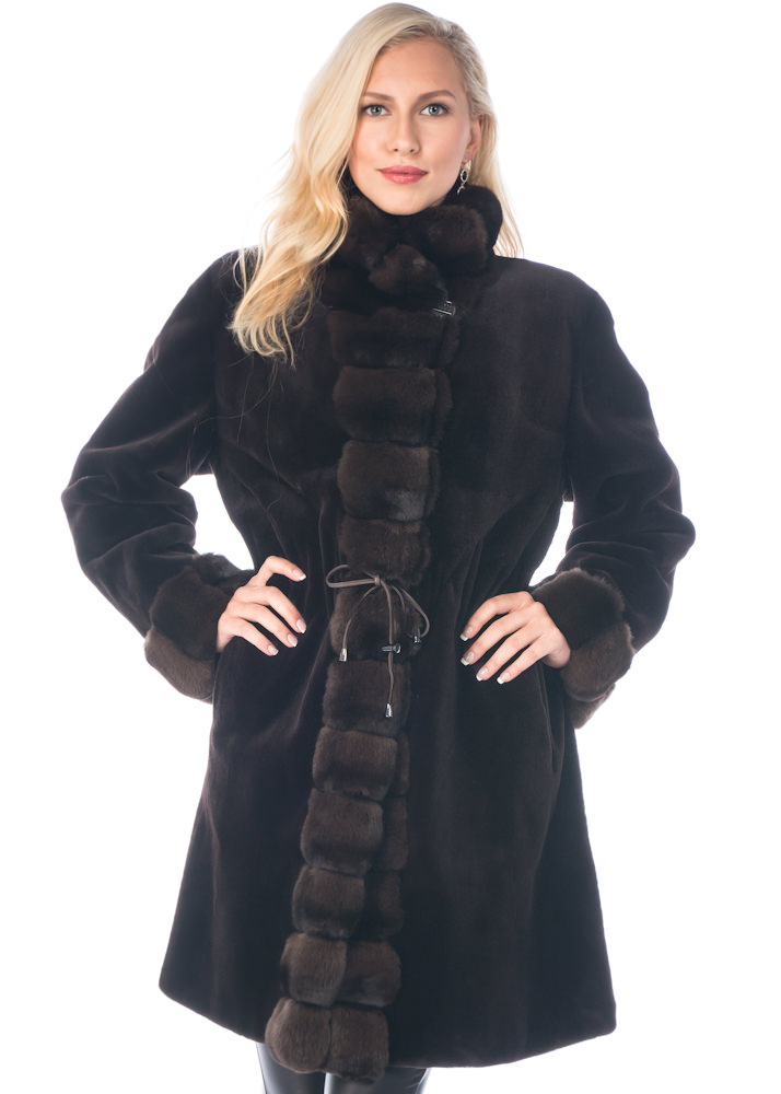 reversible original sheared mink fur coat-3/4 coat-chinchilla trim