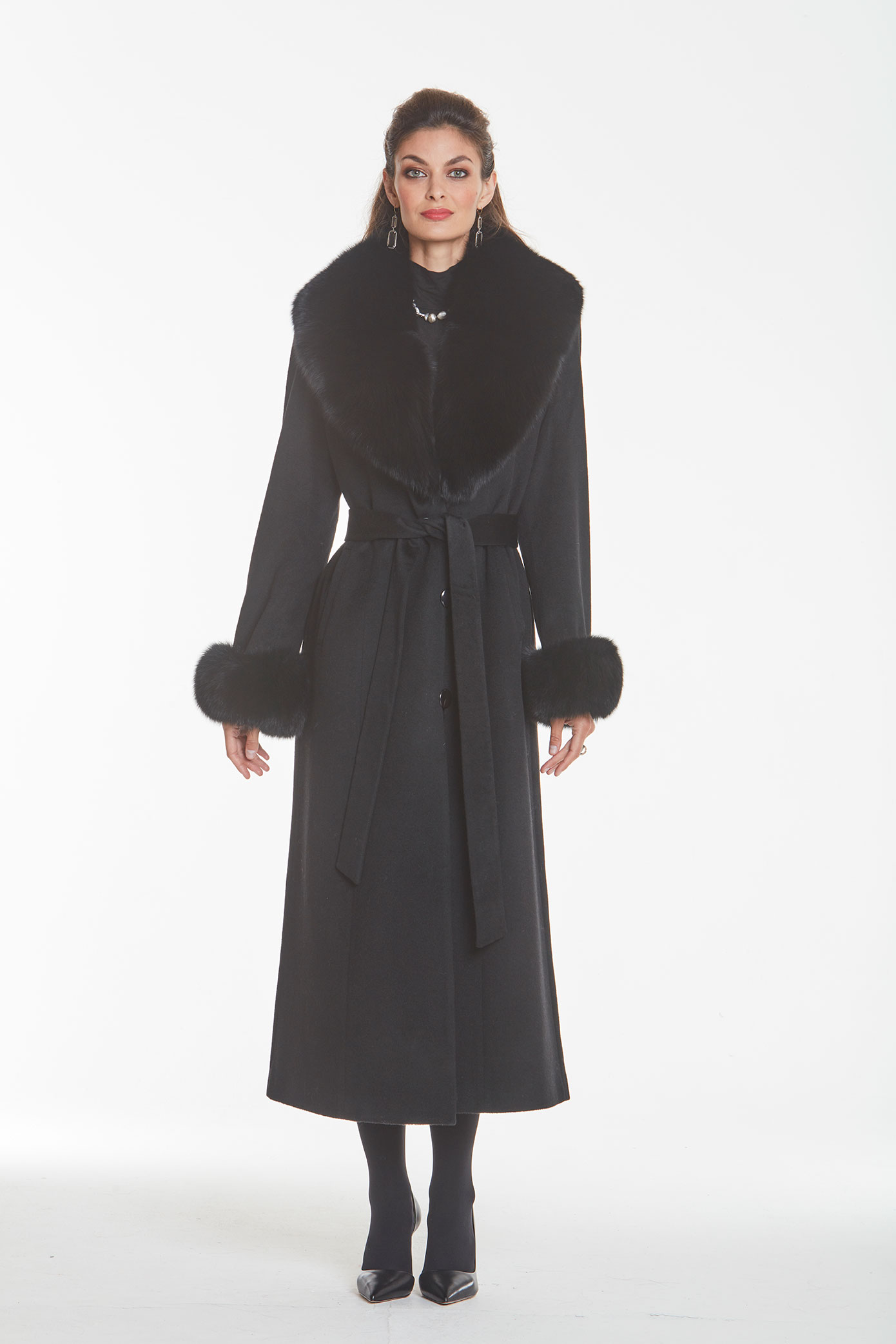 Fox Fur Trim Collar and Cuffs Full Length Long Cashmere Coat for Women