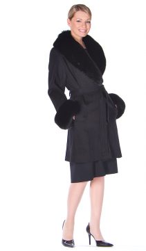 black cashmere coat with fur trim-fox fur coat