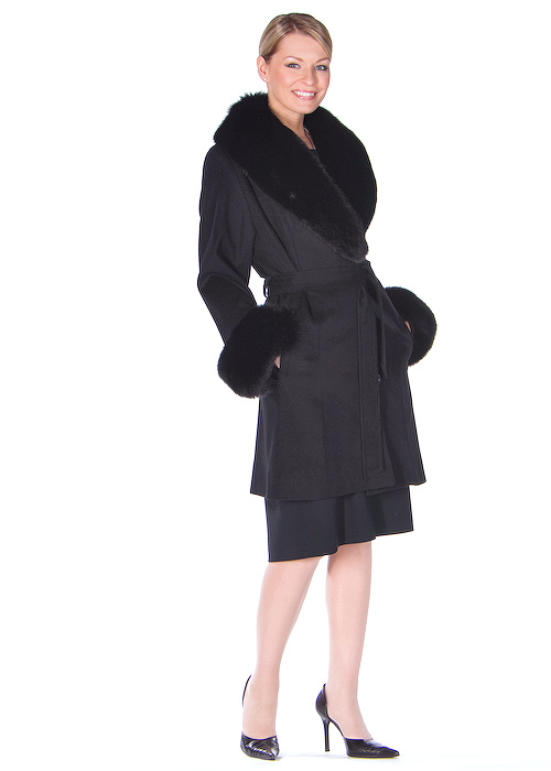 black cashmere coat with fur trim-fox fur coat