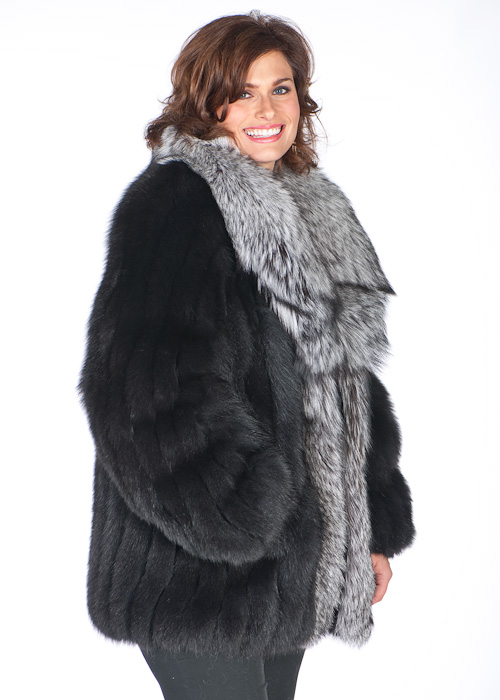 natural fox fur jacket-silver fox fur-shawl-collar-fox fur jacket plus size