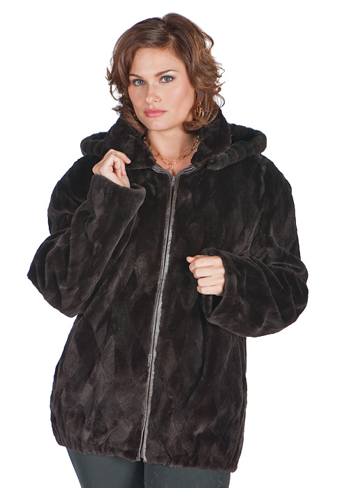 real mink fur sheared jacket-plus size-brown-detachable hood