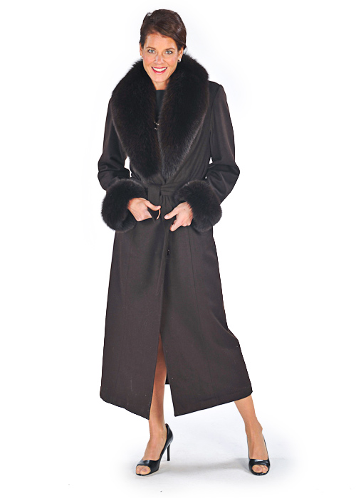 cashmere coat with fox collar-dark brown