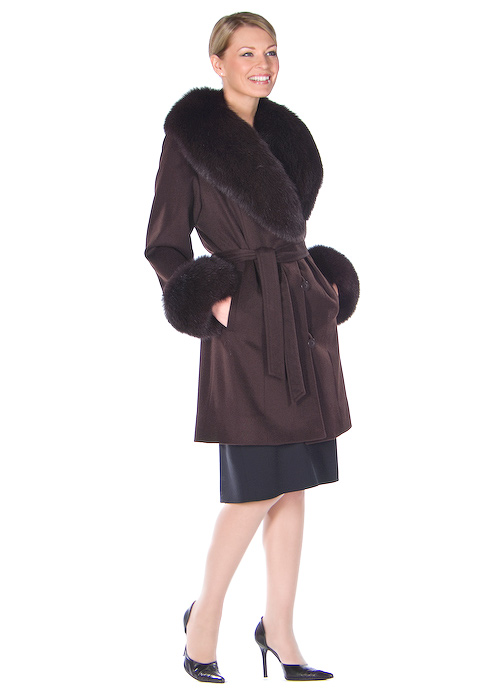long cashmere wrap coat-fox fur coat-mahogany