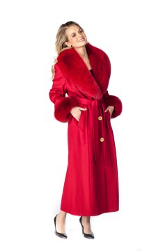 pure cashmere coat womens-red fox trim-red cashmere coat